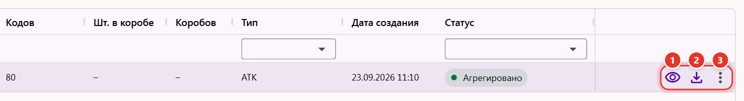 Строка АТК со статусом «Агрегировано»: значки просмотра состава, скачивания дерева агрегации и меню