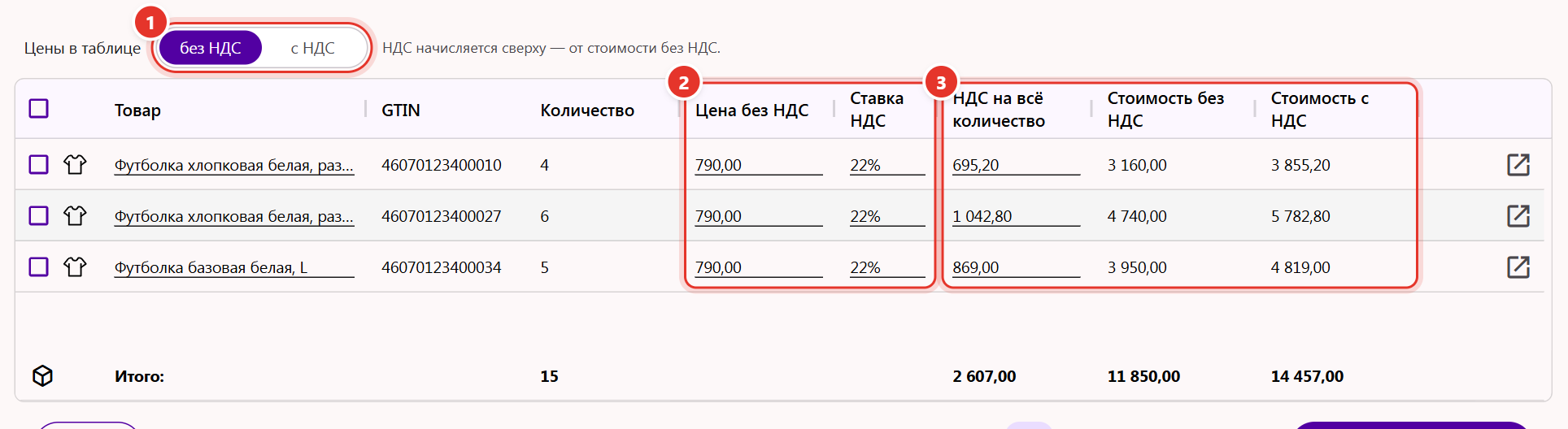 Таблица товаров УПД: переключатель «Цены в таблице: без НДС | с НДС», колонки цены, ставки НДС, суммы НДС и стоимости