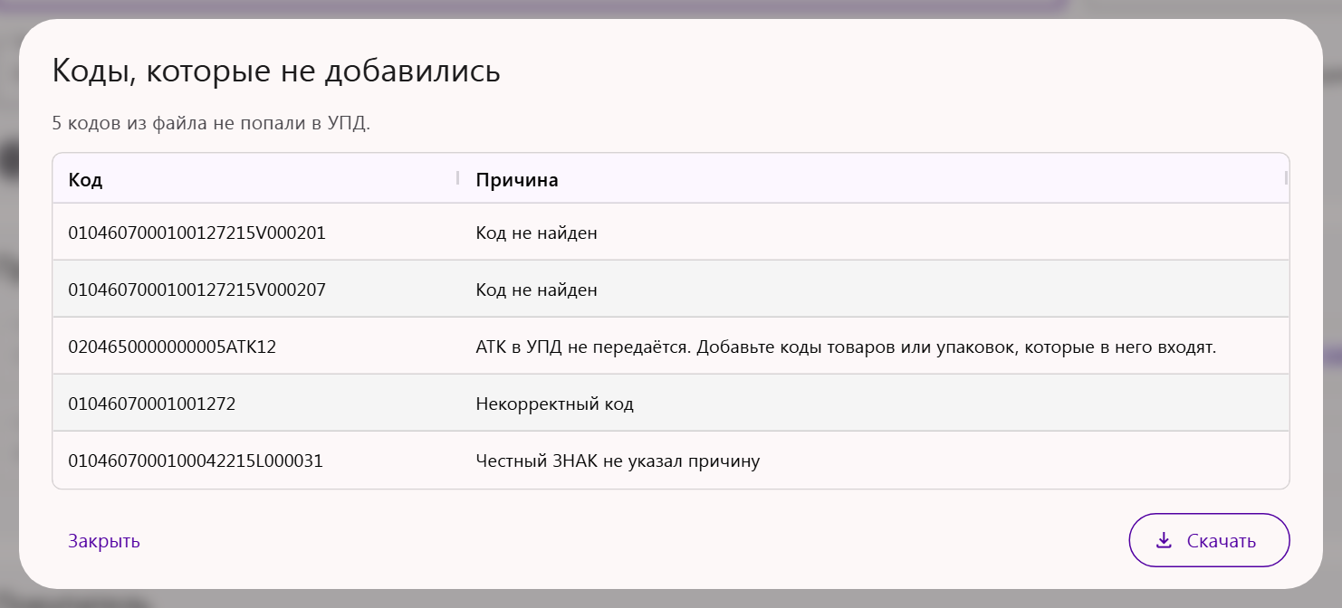 Окно «Коды, которые не добавились» после загрузки файла в УПД в Трумарке: код, причина и кнопка «Скачать»