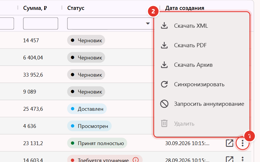 Меню документа в списке УПД: Скачать XML, Скачать PDF, Скачать Архив, Синхронизировать, Запросить аннулирование, Удалить