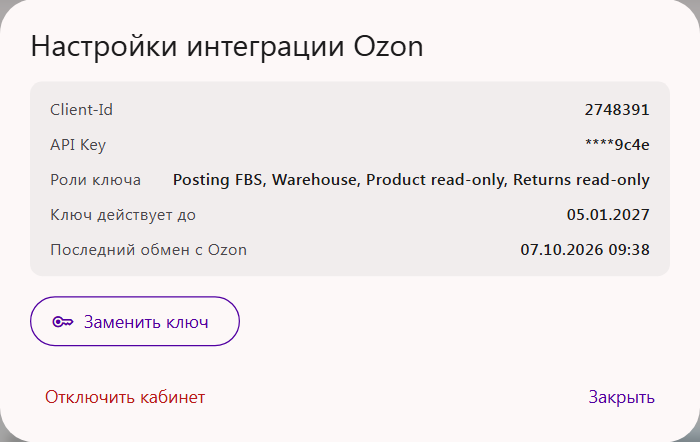 Окно «Настройки интеграции Ozon»: Client-Id, роли ключа, срок действия ключа, последний обмен с Ozon, кнопки «Заменить ключ» и «Отключить кабинет»