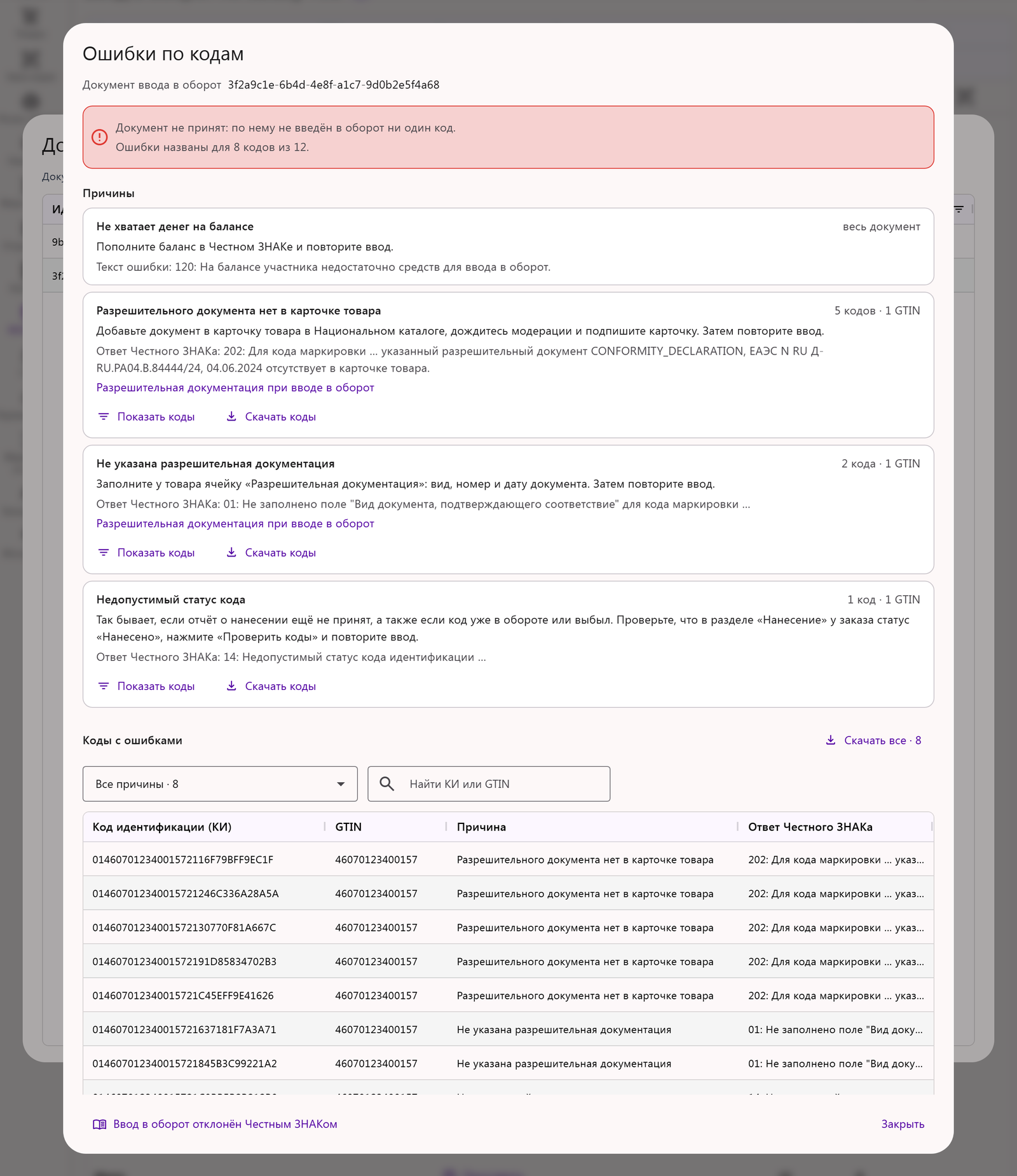 Окно «Ошибки по кодам» документа ввода в оборот: сводка, причина отказа с советом и ответом Честного ЗНАКа, таблица кодов с ошибками