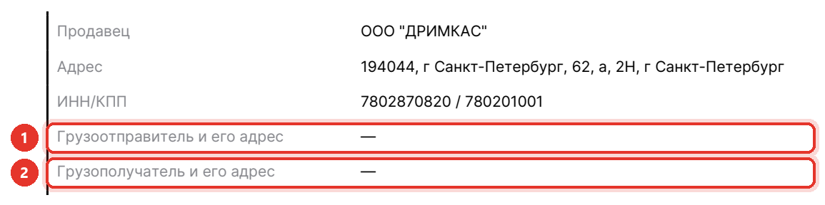 Печатная форма УПД из ЭДО Лайт: строки «Грузоотправитель и его адрес» (3) и «Грузополучатель и его адрес» (4) с прочерками