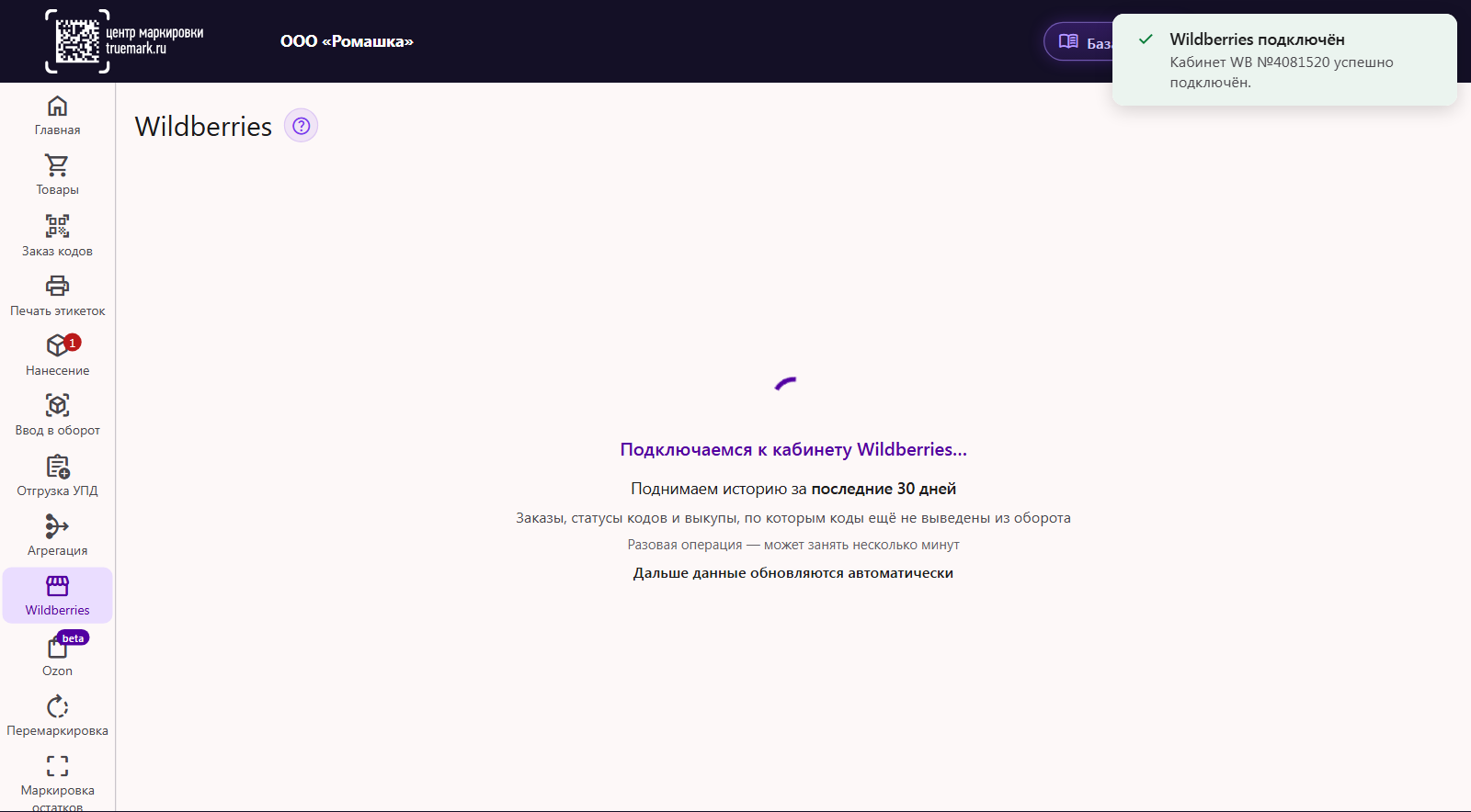 Первая синхронизация Wildberries в Трумарке: уведомление «Wildberries подключён» и загрузка истории за последние 30 дней