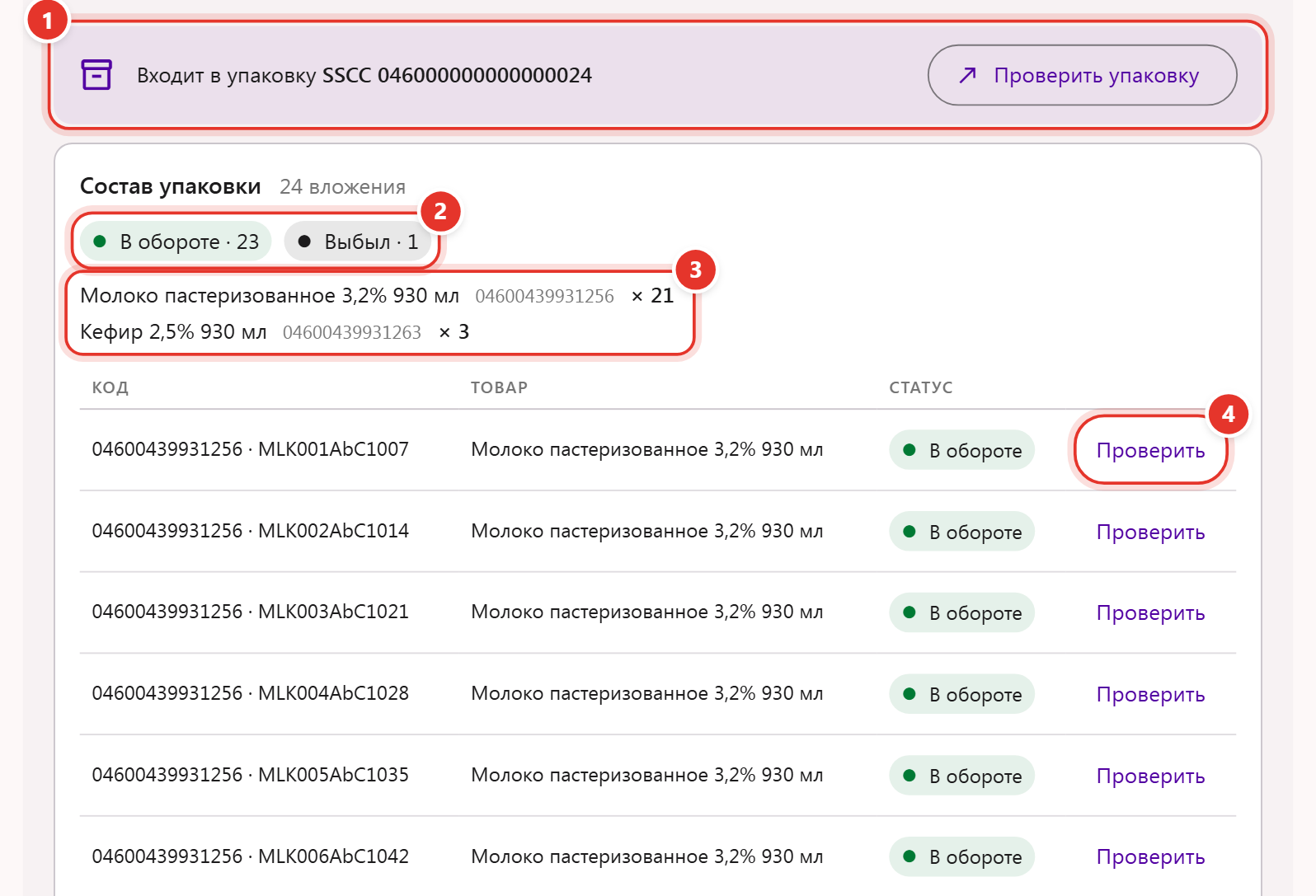Проверка короба по SSCC: строка «Входит в упаковку» с кнопкой «Проверить упаковку», состав упаковки по статусам «В обороте» и «Выбыл» и по товарам, таблица вложений с кнопкой «Проверить»
