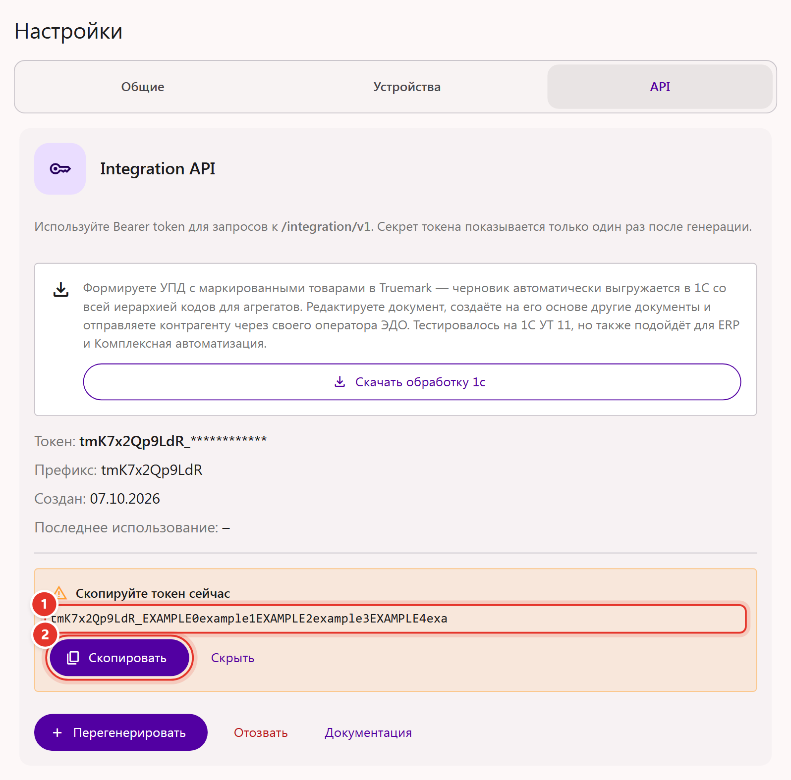 Блок «Скопируйте токен сейчас» в настройках Трумарка: токен API целиком и кнопка «Скопировать»